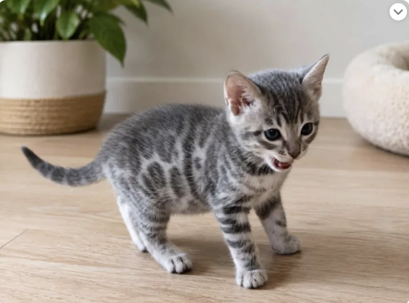 Blue-Bengalkitten Berry mit silbergrauem, gemustertem Fell steht auf dem Holzboden