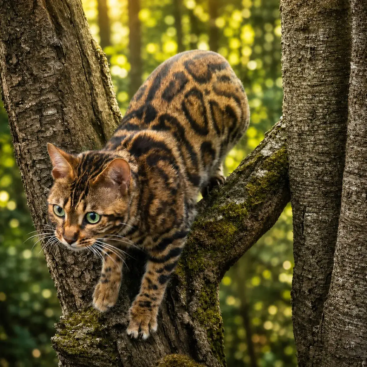 Brown-Bengalkatze klettert auf einem Ast in sonnigem Grün