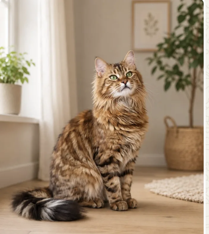 Langhaarige Cashmere-Bengalkatze sitzt aufrecht im Wohnzimmer