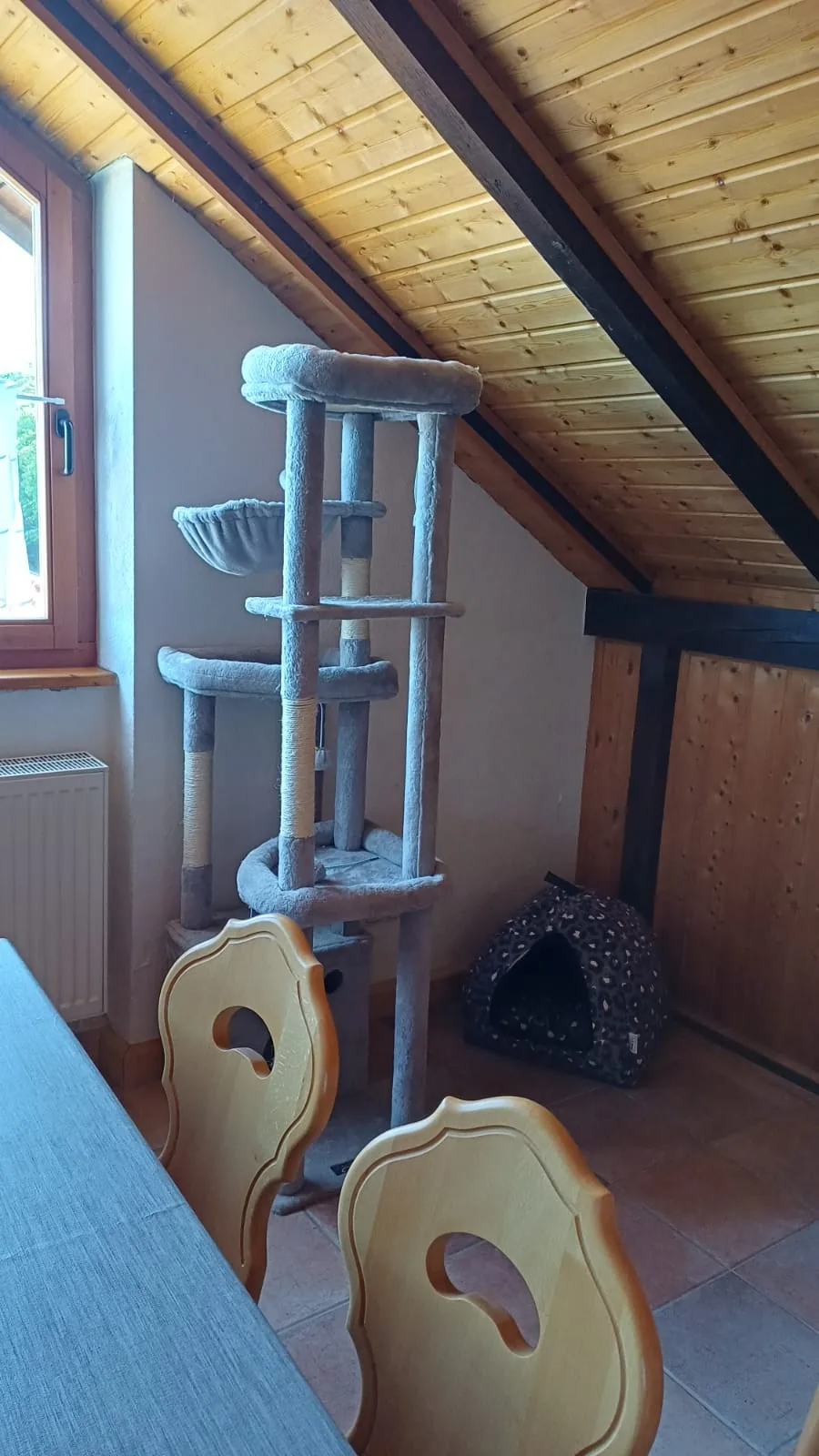 Dachgeschossraum mit Theke und Futterplatz der Katzen